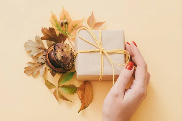 Autunno decorazione regalo scatola caduta foglie castagno — Foto Stock