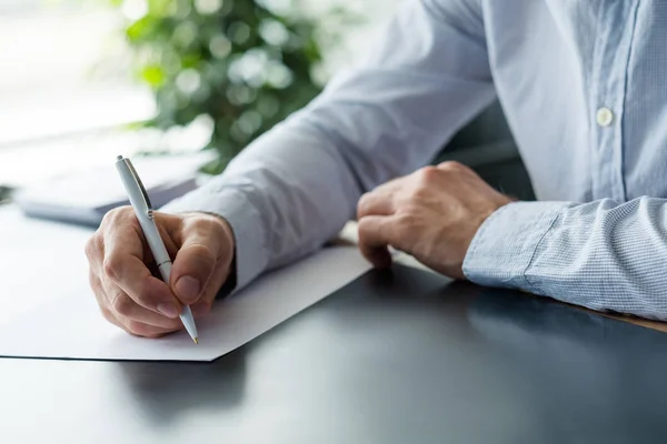 Business correspondence man pen blank paper — Stock Photo, Image