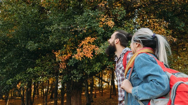 Viaje de otoño pareja viajando otoño parque natural — Foto de Stock