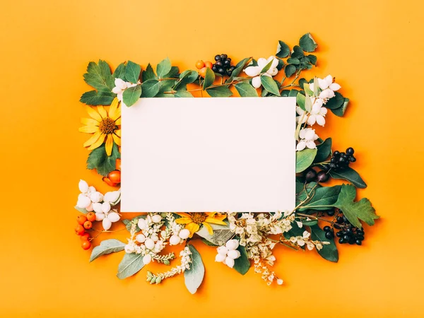 Herbst Grußkarte weißes Papier orange Hintergrund — Stockfoto