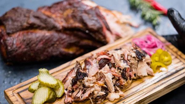Grill restaurant menu pulled pork wooden board — Stock Photo, Image