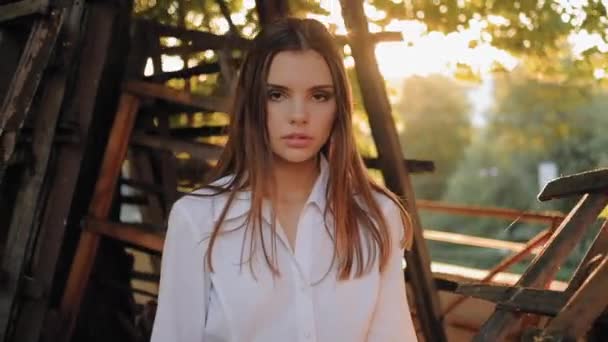 Modelado de moda chica confiada posando parque natural — Vídeo de stock