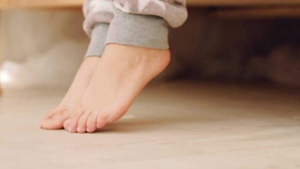 Morning steps new day start routine barefoot girl — Stock Video