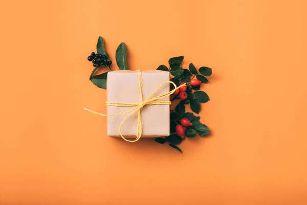 Födelsedagspresent hälsning presentförpackning nypon dekor — Stockfoto