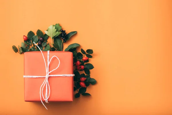 Regalo de vacaciones cumpleaños felicitación caja de regalo rosa mosqueta —  Fotos de Stock