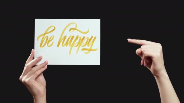 Be happy aspiration greeting hand pointing slogan — Stock Video