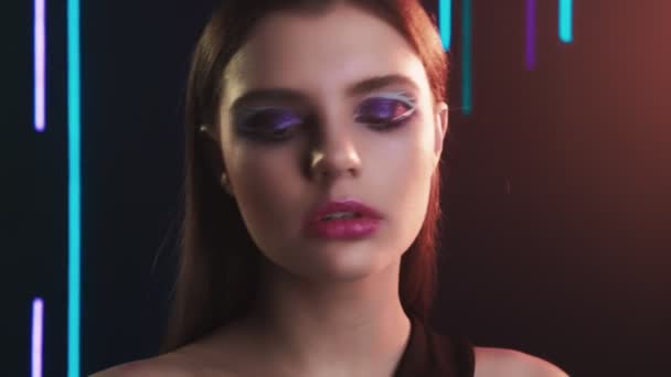 Makeup art fashion look female model neon lights — Stock Video