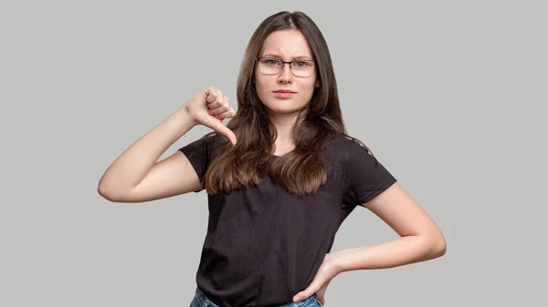 Dislike gesture shame loser woman thumb down — Stock Photo, Image