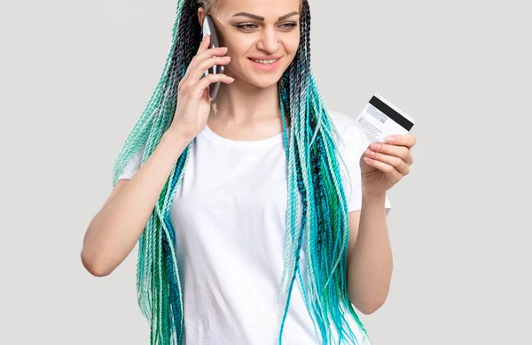 z generation woman blue hair braids credit card