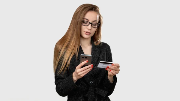 Mobile banking online transaction business woman — Stock Photo, Image