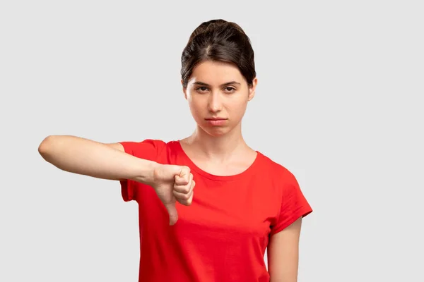 Dislike gesture bad job sad woman thumb down — Stock Photo, Image