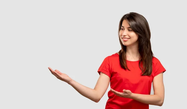 Welcome gesture inviting sign happy woman — Stock Photo, Image