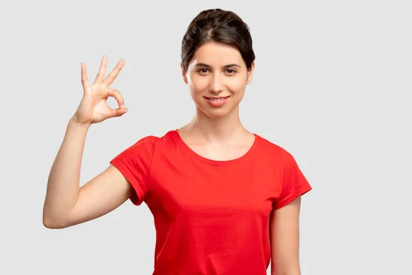 Ok gesture approval sign happy woman — Stock Photo, Image