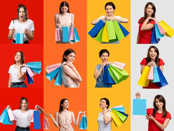 Shopping collage különleges ajánlat boldog női táskák — Stock Fotó