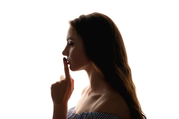 Shush gesto femenino secreto mujer shhh dedo labios — Foto de Stock