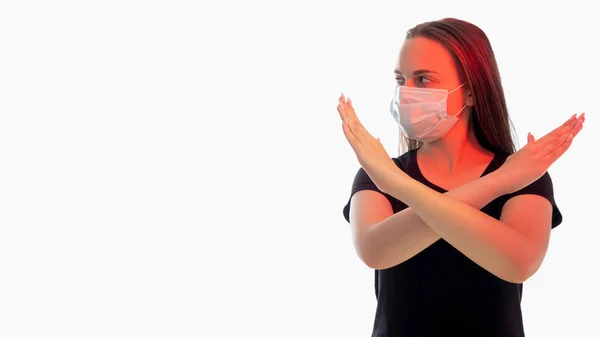 Stop teken blijf thuis vrouw beschermend masker — Stockfoto