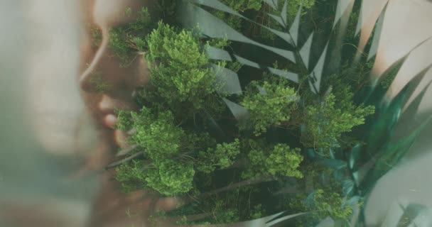 Портрет природи гармонія спокій жінка листя — стокове відео