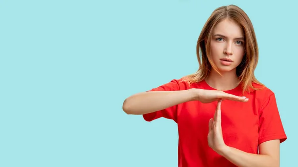 Time up break gesture protesting woman t sign — Stock Photo, Image