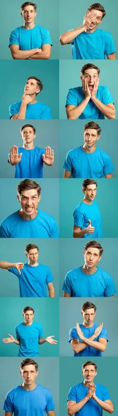 Portrait collage man blue different gestures teal — Stock Photo, Image