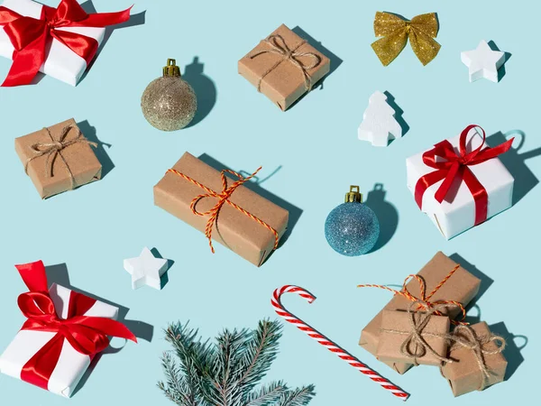 Blau Weihnachten Hintergrund handgemachte Geschenkmuster Dekor — Stockfoto