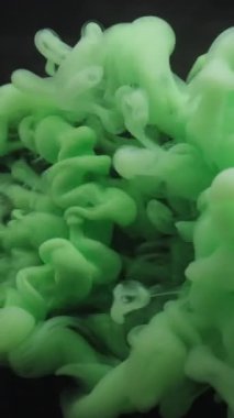 Dikey video. Duman patlaması. Boya yayılmış. Siyah arka planda yeşil sisli bukle akıntısı sıçraması. Odaklanmamış sanat soyut akış boya çekimi.