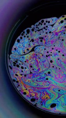 Dikey video. Gökkuşağı küresi. Yağ pigmenti. Odaklanamayan bulanık arkaplanda daire mercek. Soyut yüzen benzin neon mürekkep harman sıvısı siyah.