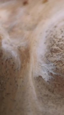 Dikey video. Boya parçacıkları. Dalga arkaplanı. Soyut yaratıcı sanat üzerine akan, çözünmüş kahverengi, beyaz, ışıl ışıl, kimyasal su karışımı bir nokta..