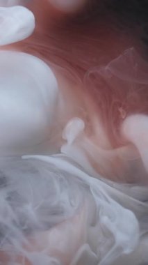 Dikey video. Renk buharı. Sis akışı. Beyaz kahverengi duman mürekkep akıntısı yumuşak su karışımı döker. Siyah mistik renk sanatı sis arkaplanını dağıttı.