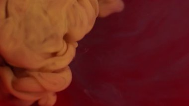 Köpüklü sıvı. Soyut mürekkep. Odaklanmamış kırmızı sarı duman dokusu yaratıcı arkaplanda yüzen kimyasal sıvı buharı karışımı.