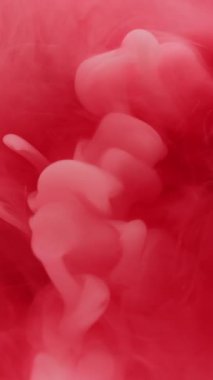 Dikey video. Sıvı patlaması. Puf boyası. Pembe mercan rengi sanat sıvısına beyaz buhar akıntısı düşer. Odaklanmamış karıştırılmış su soyut arkaplanı.