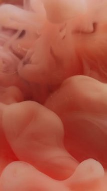 Dikey video. Duman girdabı. Boya akışı. Bulanık suda turuncu şeftali rengi duman karışımı. Soyut mistik sanatsal sis yüzen sıvı boya arka planı.