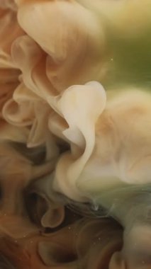 Dikey video. Duman girdabı. Boya akışı. Bulanık suda yüzen kahverengi gri bej peçe. Soyut mistik sanatsal sis sıçrama renk arkaplanı.