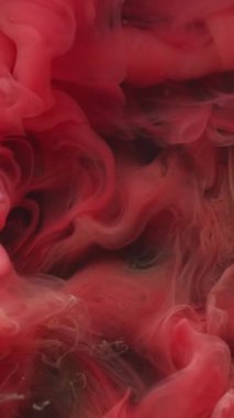 Dikey video. Renk buharı. Sis akışı. Turuncu duman mürekkebi akıntıya karşı yumuşak su karışımı döker. Kara mistik girdap sanatı odaklanmış sis arkaplanı.