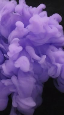 Dikey video. Duman patlaması. Boya yayılmış. Violet Puse Puff akıntısı, siyah arka plana sıçrıyor. Odaklanmamış sanat soyut akış boya çekimi.