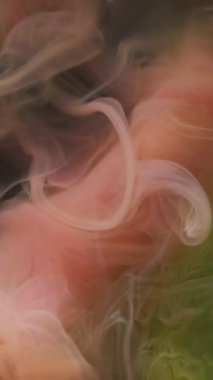 Dikey video. Duman bükme. Sis boyası. Şeftali rengi bej duvak parçacıkları siyah arkaplanda yüzüyor. Renkli bulut suyu soyut al Blur dumanı.