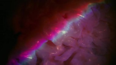Parıldayan mürekkep sanatı. Neon duman sanatı. Odaklanmamış mor pembe renkli girdap şeklindeki gökkuşağı dokusu soyut koyu siyah ışık arka planında yüzüyor..