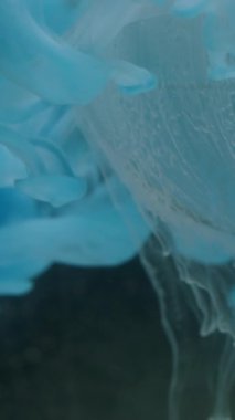 Dikey video. Sis mürekkebi. Küre şeklinde. Odaklanmamış mavi renk ıslak doku su sıvı akış boyası soyut sanatı koyu siyah arkaplan üzerine damlıyor.