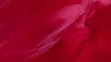 Boya sıçraması. Sis dalgası. Odaklanmamış kırmızı pembe renk sıvı partiküller kimyasal duman akrilik madde soyut arkaplanda dönüyor.