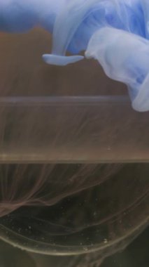 Dikey video. Yuvarlak sıvı. Boya bulutu. Odaklanmamış mavi renk su ıslak doku akışı soyut sanat üzerinde yüzen koyu siyah arkaplan.