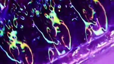 Floresan kaleydoskop. Bulanık neon sıçraması. Mor yeşil, mavi, kırmızı, bulanık ışık arkaplanı yanıp sönen çok renkli mercek mercekleri..