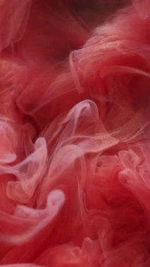 Dikey video. Parlatıcı akış. Duman boyası. Kırmızı, pırıl pırıl, sisli sanat karışımı suya sıçrıyor. Siyah arkaplan bulanık dokusu üzerinde girdap rengi pigment parçacıkları.