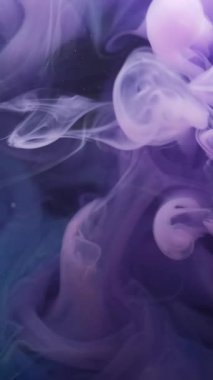 Dikey video. Renk buharı. Sis akışı. Mavi menekşe grisi duman mürekkep akıntısı yumuşak su karışımı döker. Gizemli renk sanatı sis arkaplanını dağıttı.