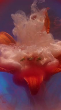 Dikey video. Çiçek mürekkebi damlası. Duman boyası. Parlak turuncu akarsu lekesi doğal zambakta. Sanat sıvısı rengi soyut mavi bokeh küresi arkaplanı.