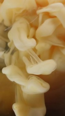 Dikey video. Dalga sisi. Sis mürekkebi. Kıvırcık bej boya, pembe şeftali rengi mermer su. Renkli sanat sisi püskürtme sıvısı geçmişi bulanıklaştırıyor.