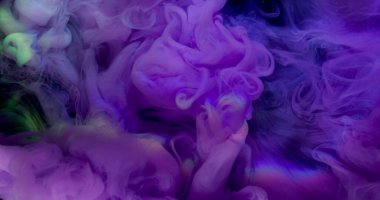 Mist swirl. Gleam flow. Violet purple paint curl spread in water abstract background. Mystic art rainbow cloud defocused neon color vapor.
