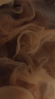 Dikey video. Duman bulutu. Mürekkep atışı. Gri kahverengi duman akış sıvısını bej sprey ile karıştır. Renkli bulanık sisli suyu harmanlayan soyut arkaplan sihirli dokusu.