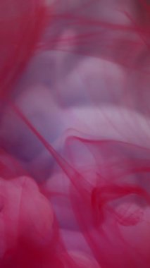 Dikey video. Su mürekkebi dumanı. Küre dokusu. Odaklanmamış kırmızı mavi renk dumanı soyut sanat arka planına geometrik yuvarlak sıvı sıçratır.