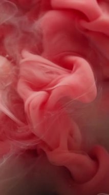Dikey video. Duman spreyi. Bulut akıntısı. Pembe akış karışımı, arka planda beyaz peçe boyası. Soyut su, sıvı sanat dokusunu çözdü.