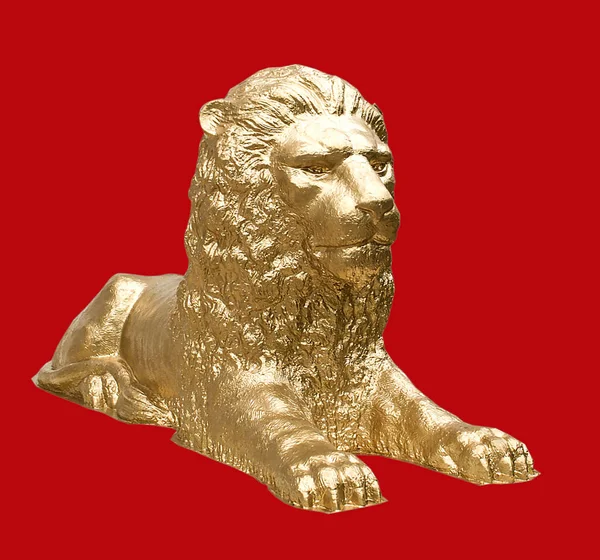 Potente Maestosa Formidabile Scultura Leone Sfondo Rosso — Foto Stock