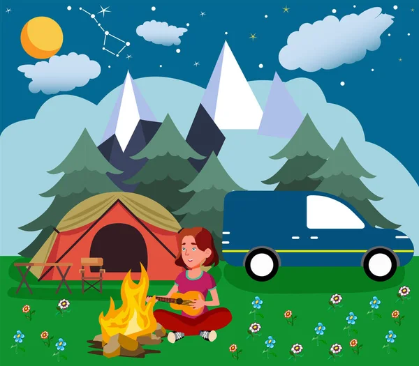 Tourist Girl Resting Night Fire Nature — Stock Vector